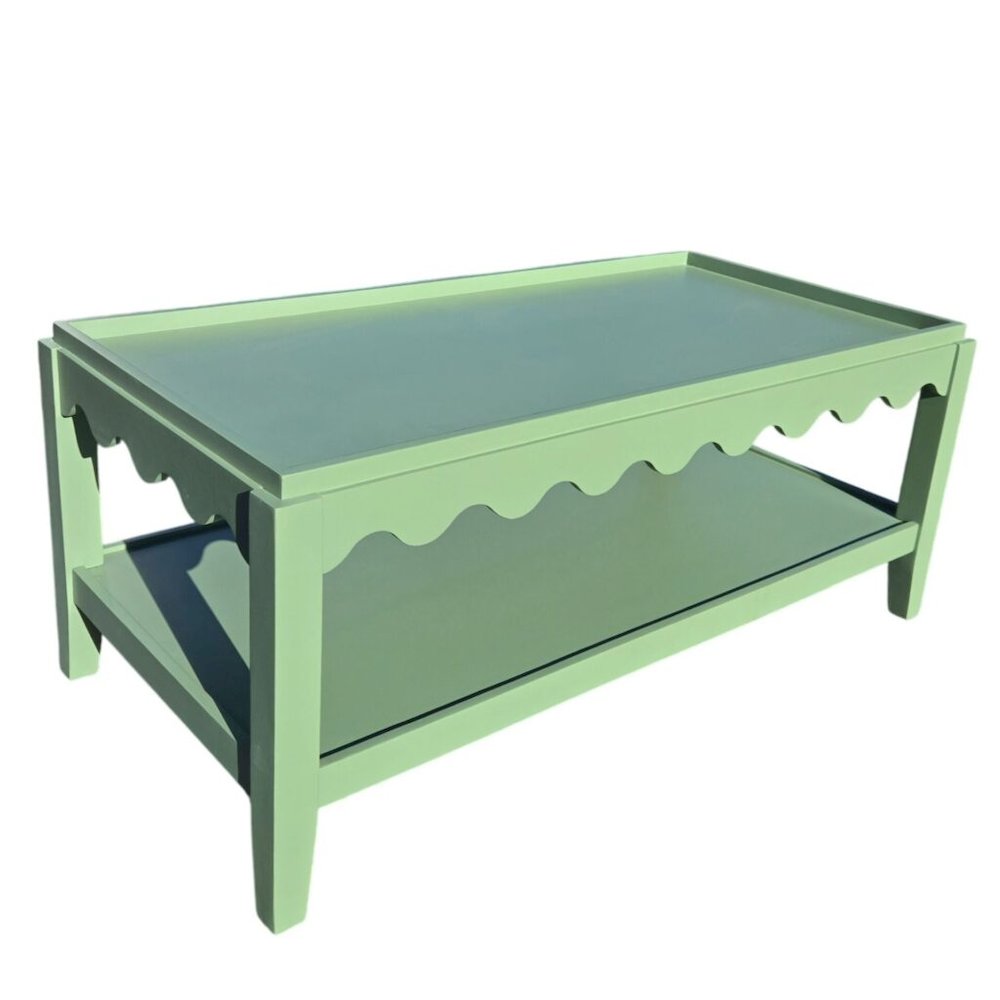 Scallop Coffee Table - Rectangular Mango Wood Side Table - Lower Shelf. Picture 2