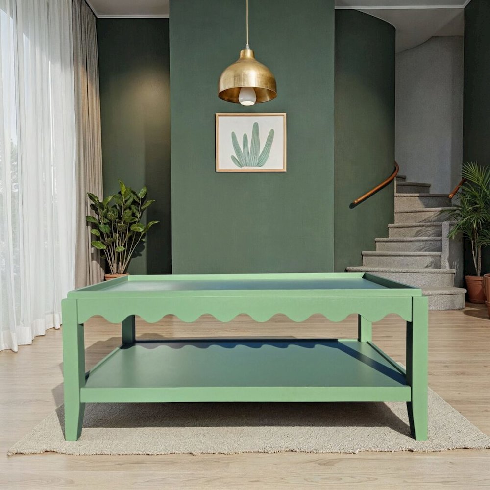 Scallop Coffee Table - Rectangular Mango Wood Side Table - Lower Shelf. Picture 13