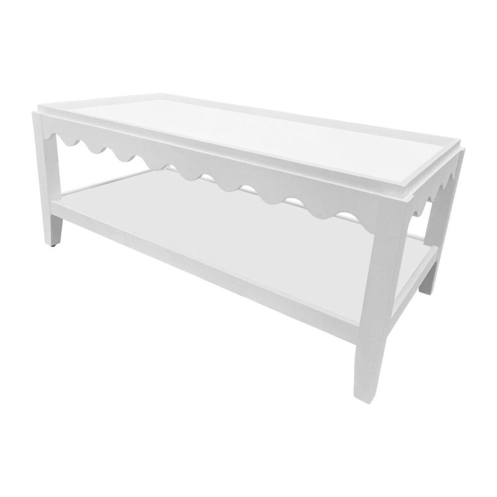 Scallop Coffee Table - Rectangular Mango Wood Side Table - Lower Shelf. Picture 2