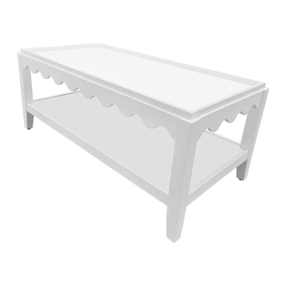 Scallop Coffee Table - Rectangular Mango Wood Side Table - Lower Shelf. Picture 3