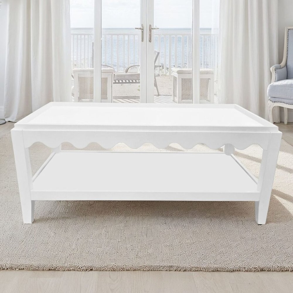 Scallop Coffee Table - Rectangular Mango Wood Side Table - Lower Shelf. Picture 7