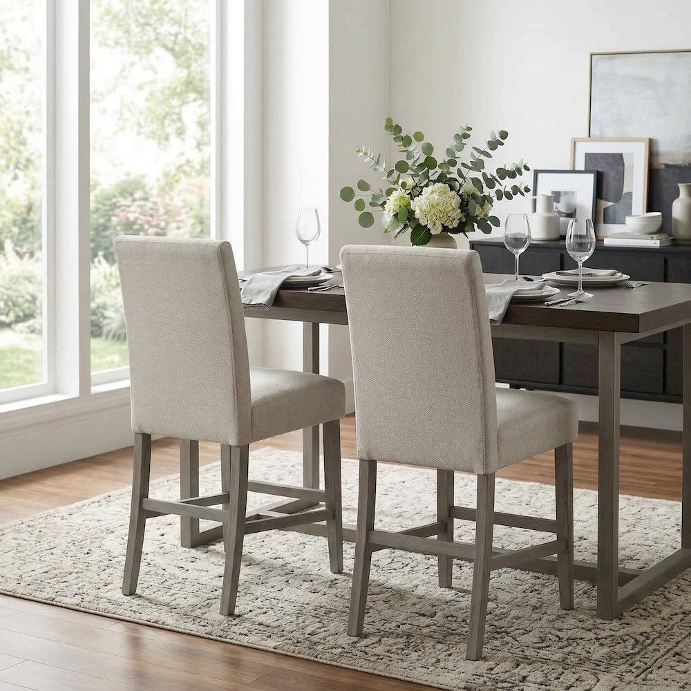 Bar Stool Set Of 2 With Grey Upholstery And Brushed Acacia Wood Frame. Picture 2