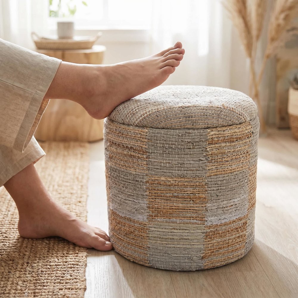 Handwoven Fabric Storage Ottoman - Multi-Purpose Foot Rest Yellow. Picture 2