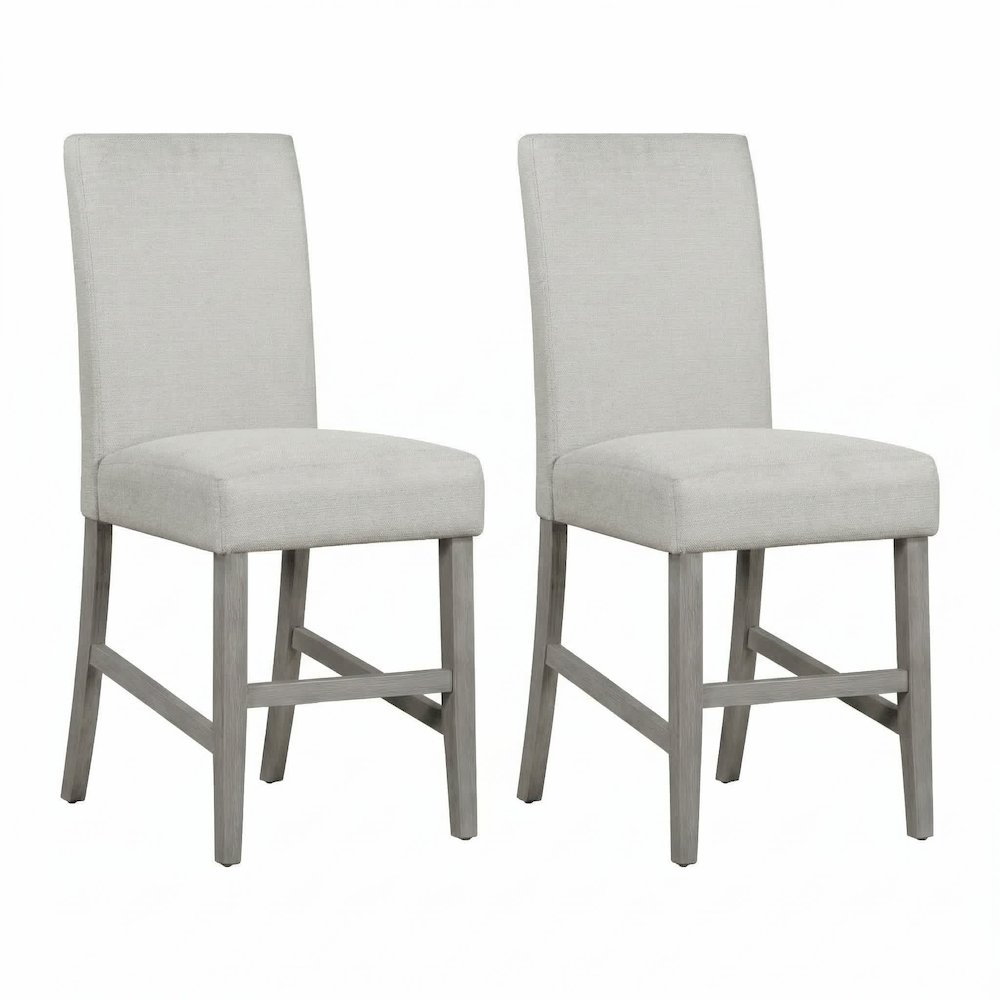 Bar Stool Set Of 2 With Grey Upholstery And Brushed Acacia Wood Frame. Picture 1