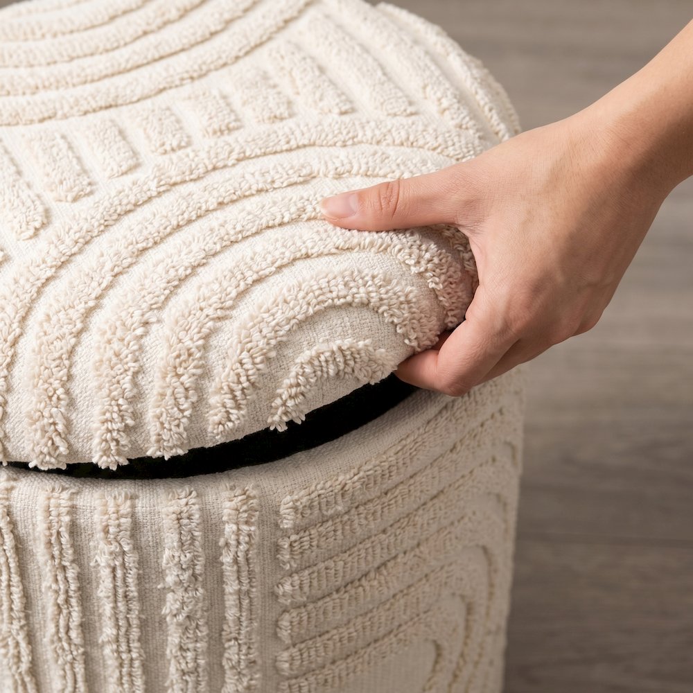 Handwoven Fabric Storage Ottoman - Multi-Purpose Foot Rest Beige. Picture 3