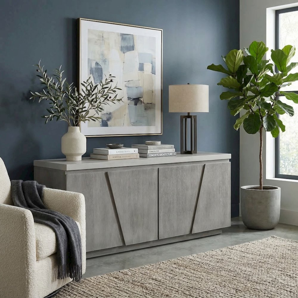 Grey High Media Unit with Concrete Top and Acacia Frame. Picture 2