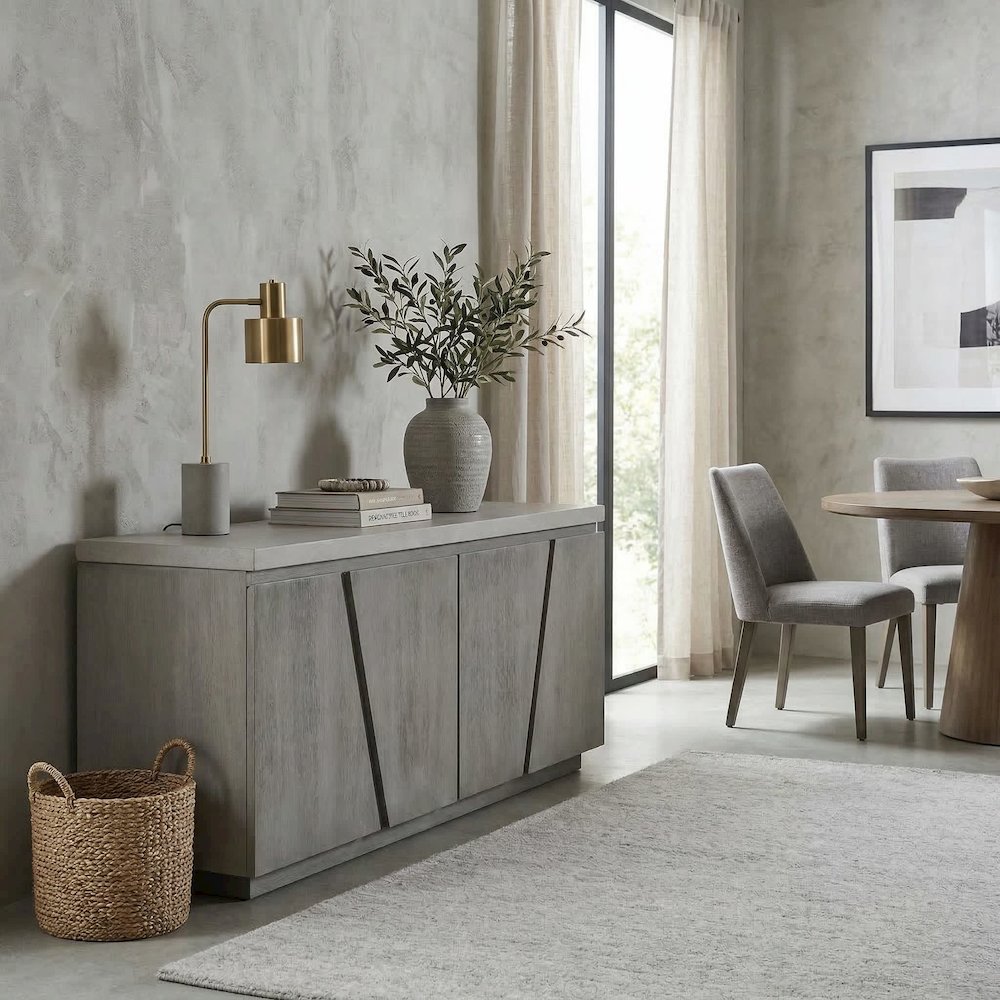 Grey High Media Unit with Concrete Top and Acacia Frame. Picture 5