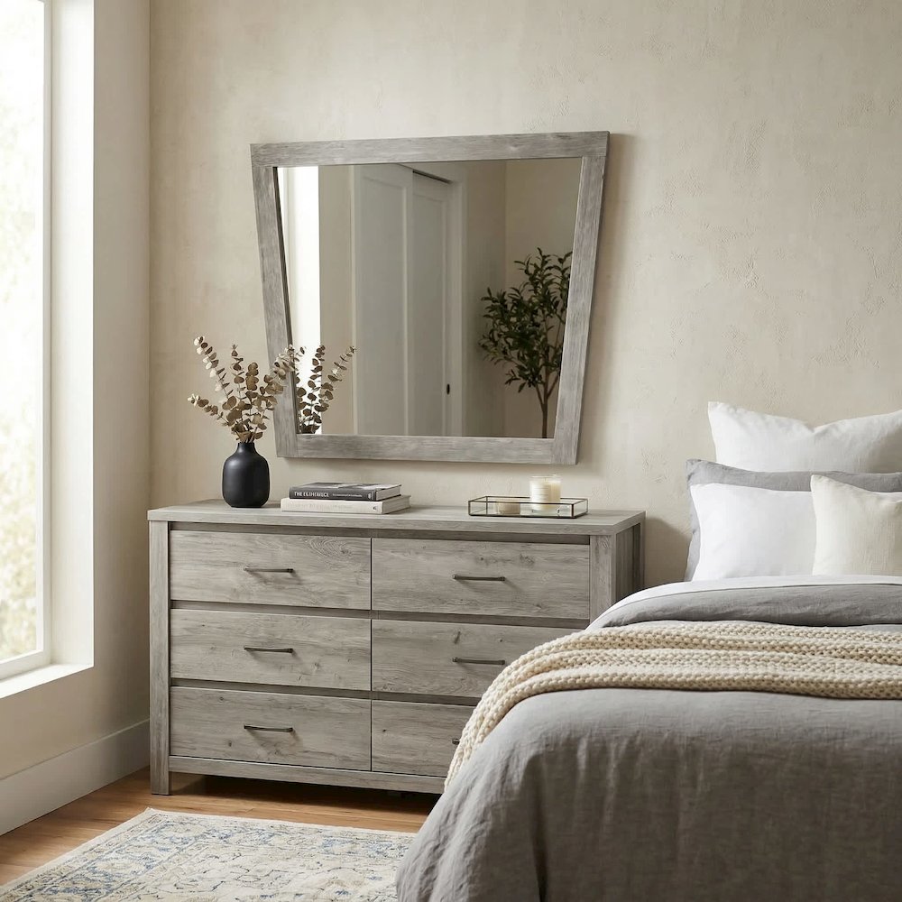 Grey Brushed Acacia Frame Mirror with Metal Accents. Picture 6