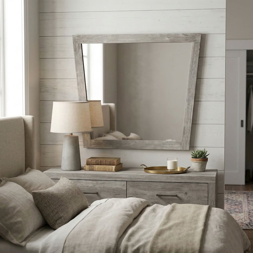 Grey Brushed Acacia Frame Mirror with Metal Accents. Picture 5