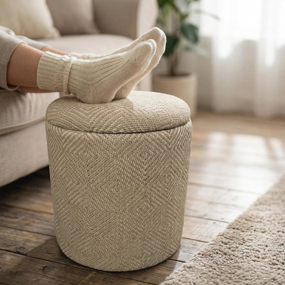 Handwoven Fabric Storage Ottoman - Multi-Purpose Foot Rest Natural. Picture 2