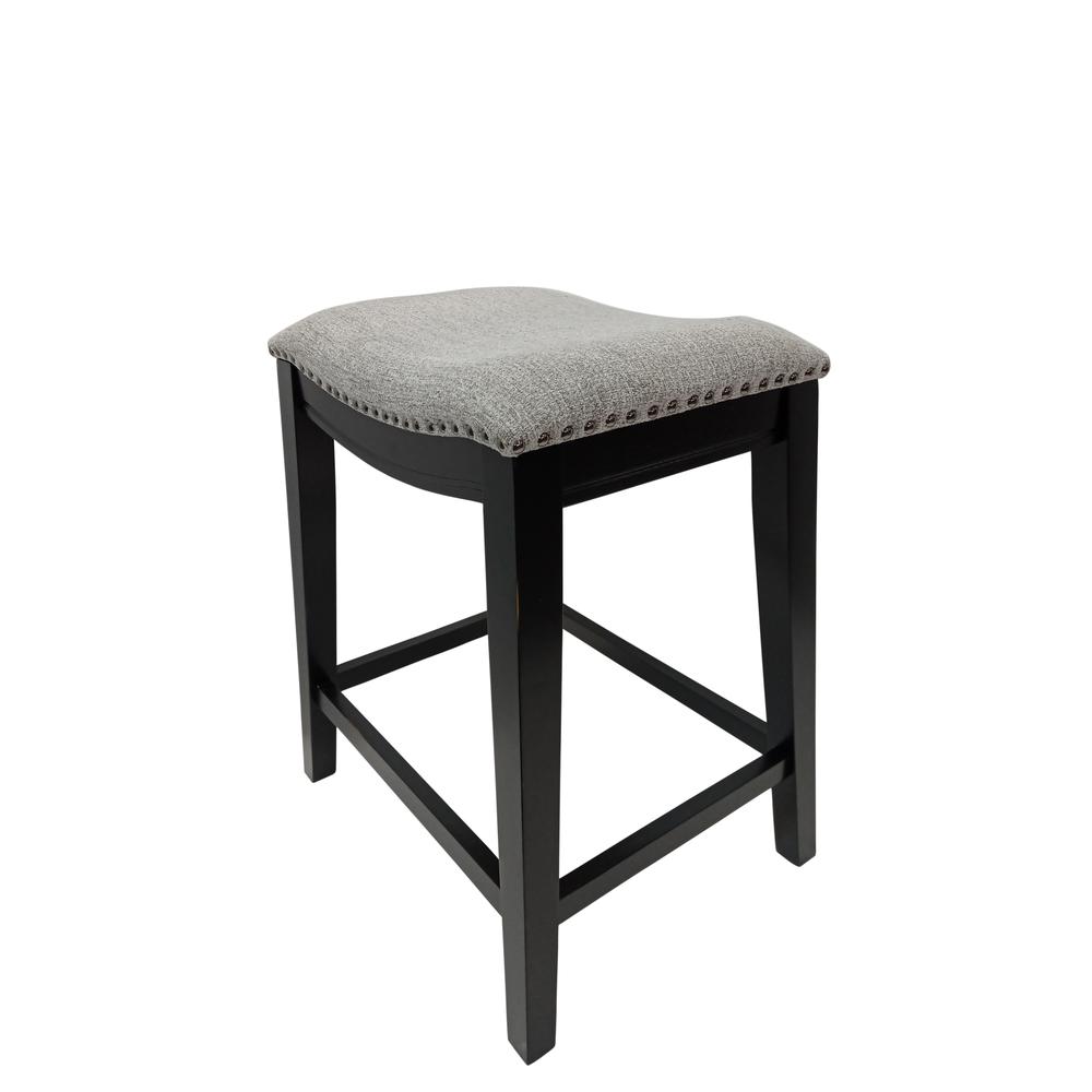 25" Saddle Counter Stool - Set of 2 - Antique Black - Grey Chenille Upholstery. Picture 2