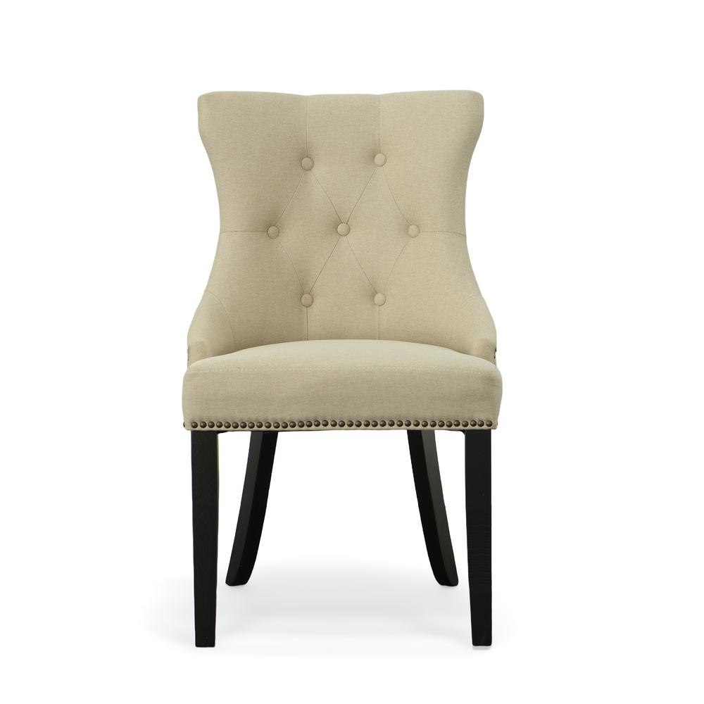 Tufted Back Upholstered Chair - Set of 2 - Espresso - Cream Linen Upholstery. Picture 5