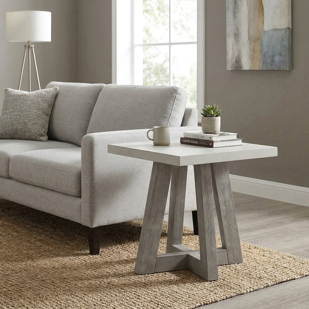 Square Accent Table With Grey Wood Base And Concrete Top, 24.6". Picture 2
