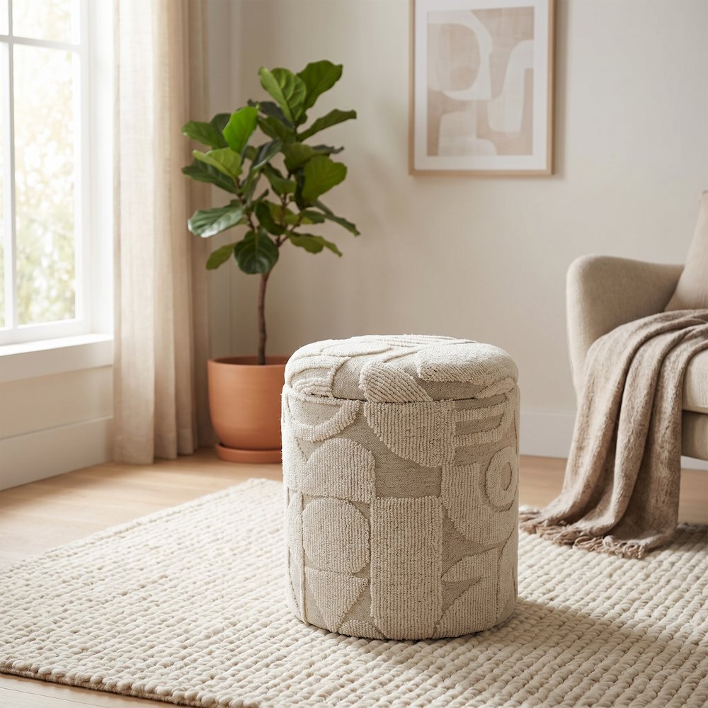 Handwoven Fabric Storage Ottoman - Multi-Purpose Foot Rest White. Picture 4