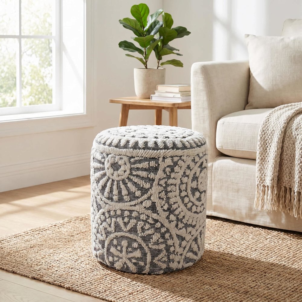 Handwoven Fabric Storage Ottoman - Multi-Purpose Foot Rest Gray. Picture 2