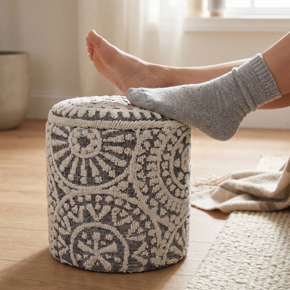 Handwoven Fabric Storage Ottoman - Multi-Purpose Foot Rest Gray. Picture 3