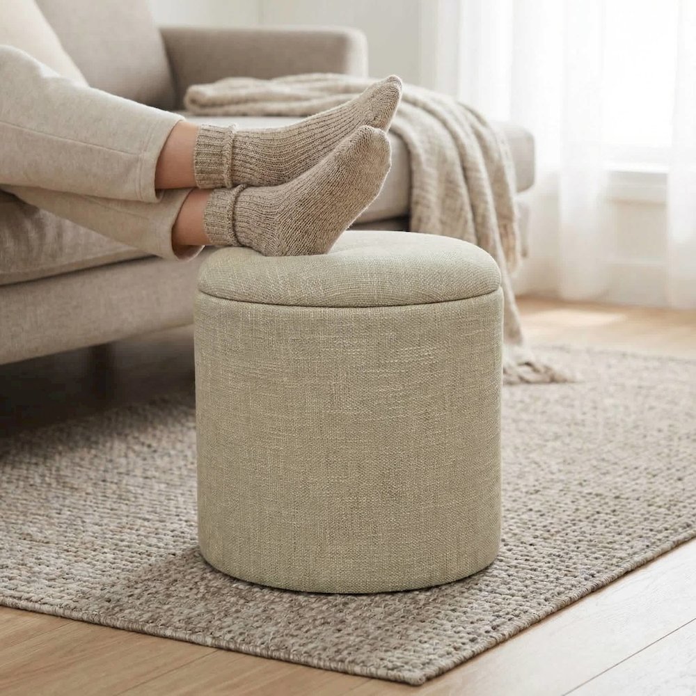 Handwoven Fabric Storage Ottoman - Multi-Purpose Foot Rest Light Green. Picture 2