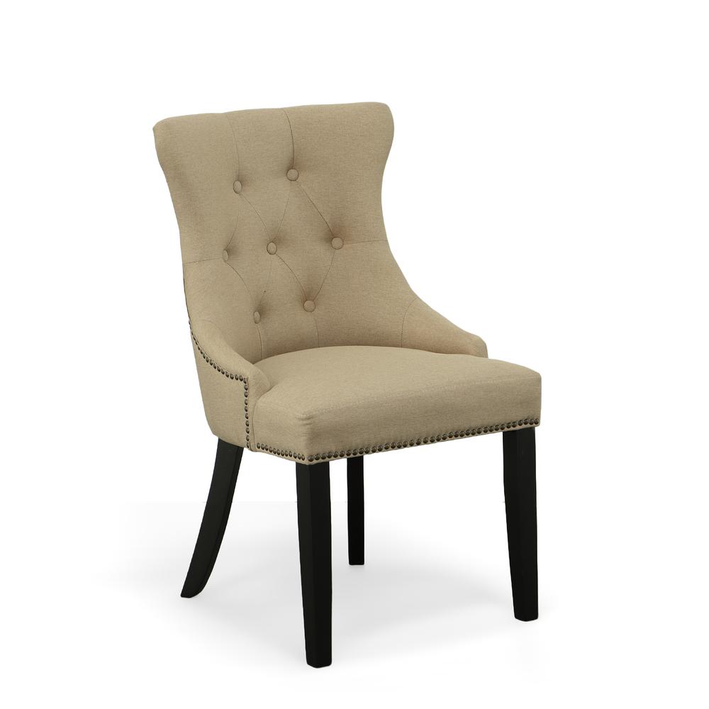 Tufted Back Upholstered Chair - Set of 2 - Espresso - Cream Linen Upholstery. Picture 6