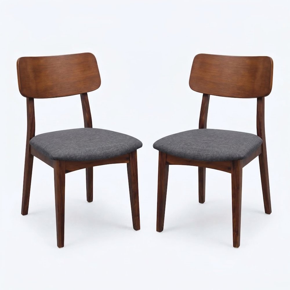Set Of 2 Solid Blackwood Dining Chairs With Gray Upholstered Seats, Natural. Picture 1