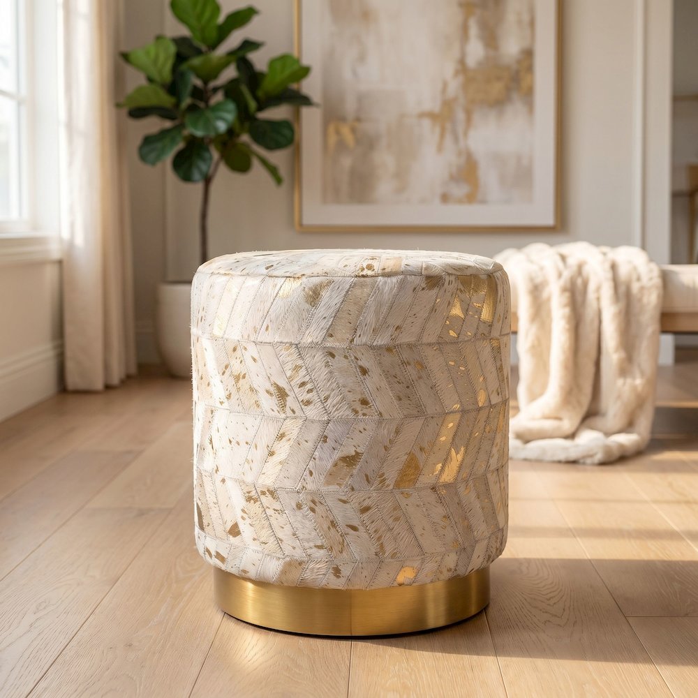 Handwoven Chevron Ottoman with Matte Base - Solid Wooden Frame, Gold. Picture 2
