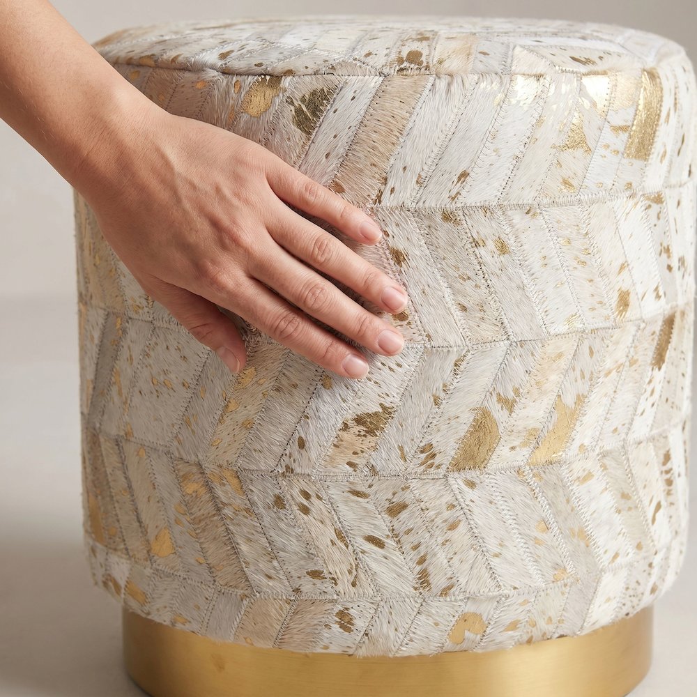 Handwoven Chevron Ottoman with Matte Base - Solid Wooden Frame, Gold. Picture 4