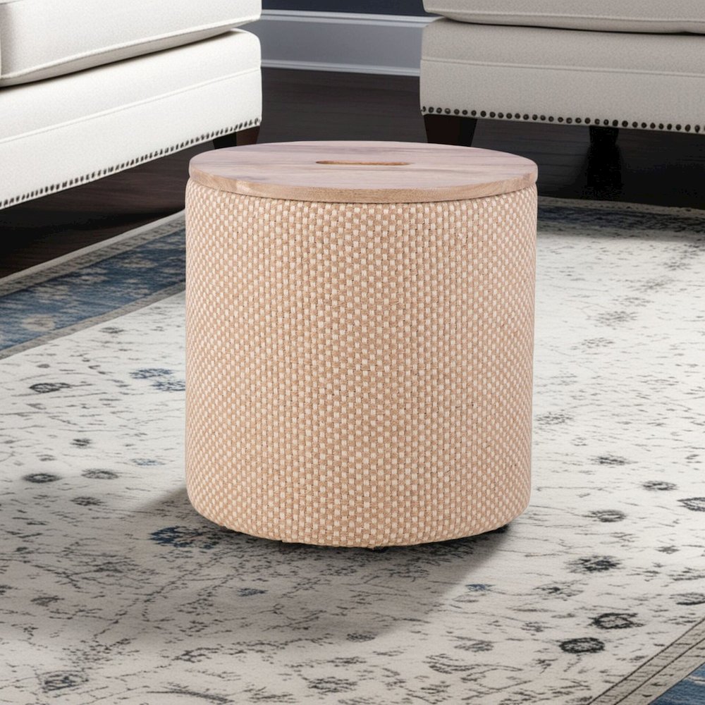 Handwoven Zeus Jute Check Wood Top Storage Ottoman. Picture 7