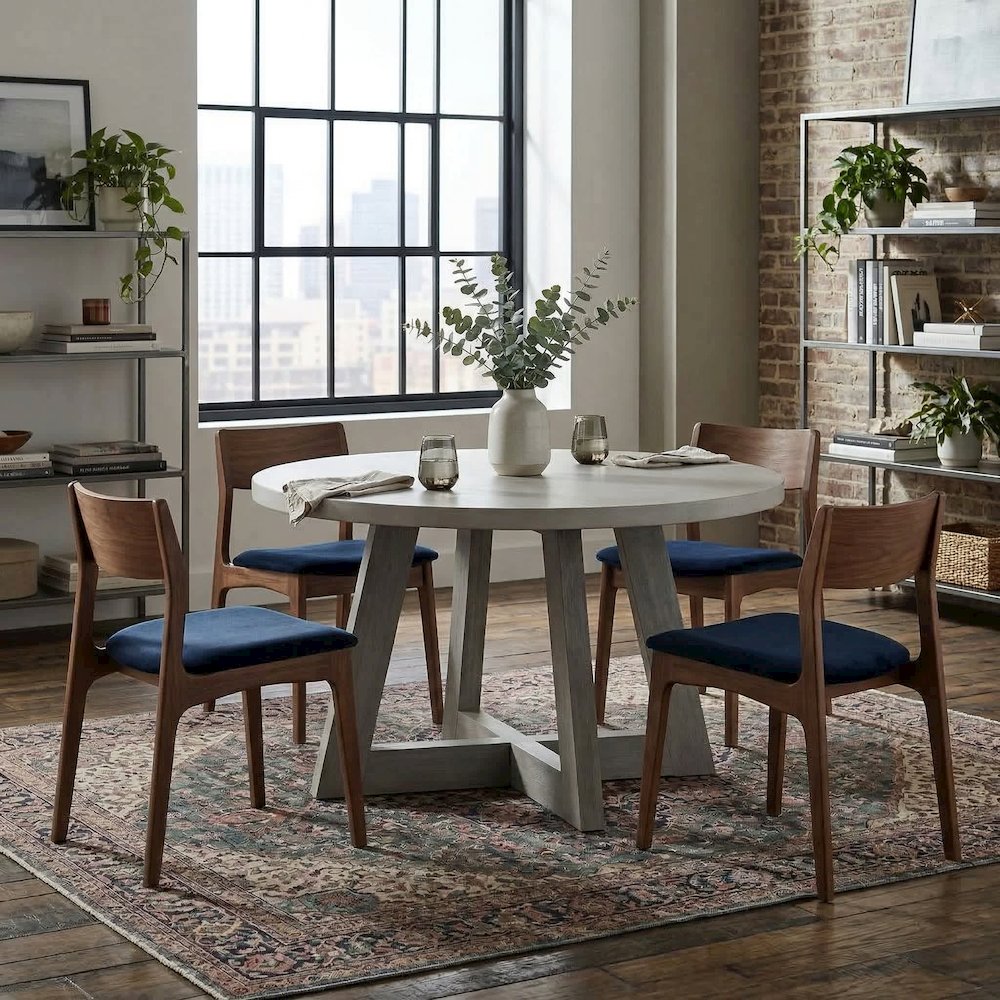 Round Grey Concrete Top Dining Table With Brushed Acacia Base, 51". Picture 4