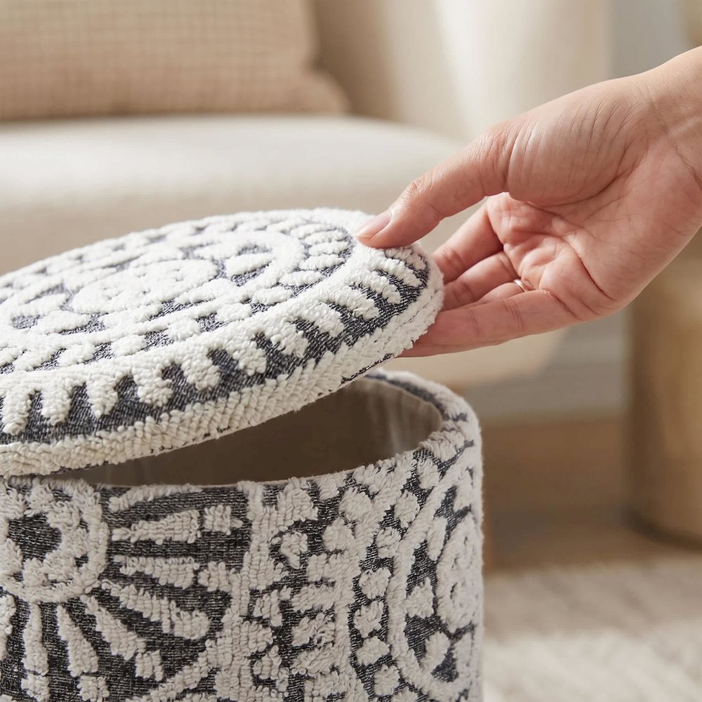 Handwoven Fabric Storage Ottoman - Multi-Purpose Foot Rest Gray. Picture 4