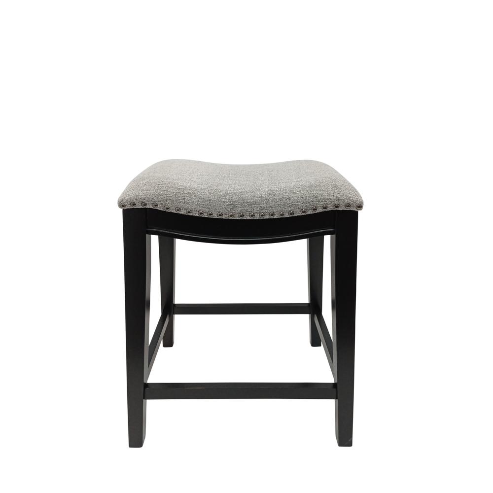 25" Saddle Counter Stool - Set of 2 - Antique Black - Grey Chenille Upholstery. Picture 1
