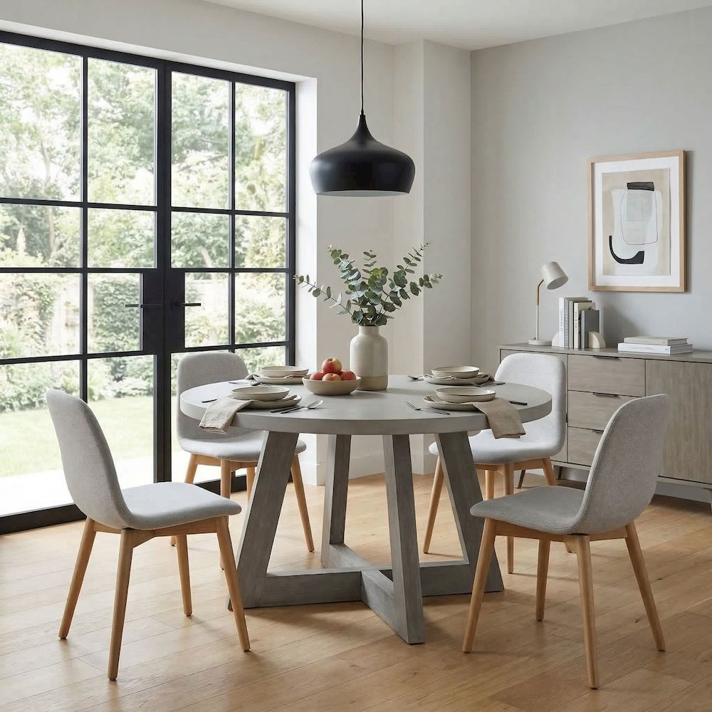 Round Grey Concrete Top Dining Table With Brushed Acacia Base, 51". Picture 2