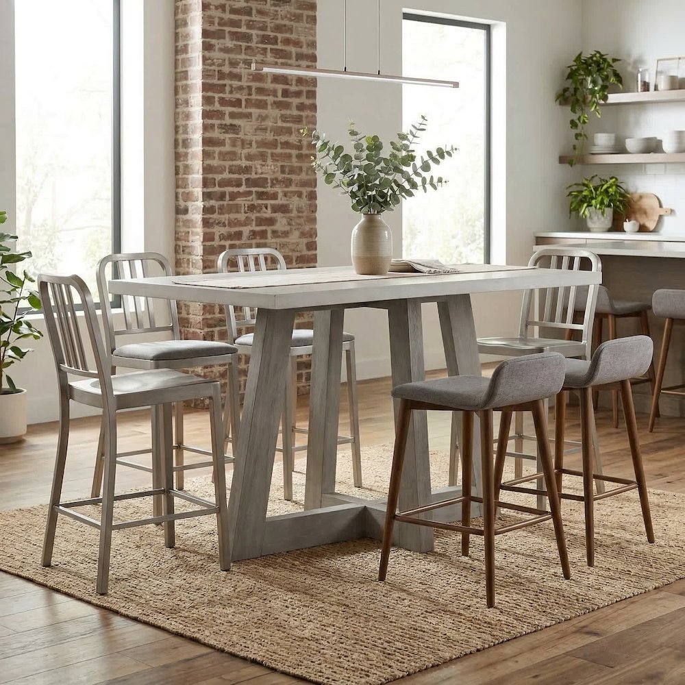 Rectangular Grey Concrete Top Bar Table With Brushed Acacia Base 59X35.5X35.5. Picture 4