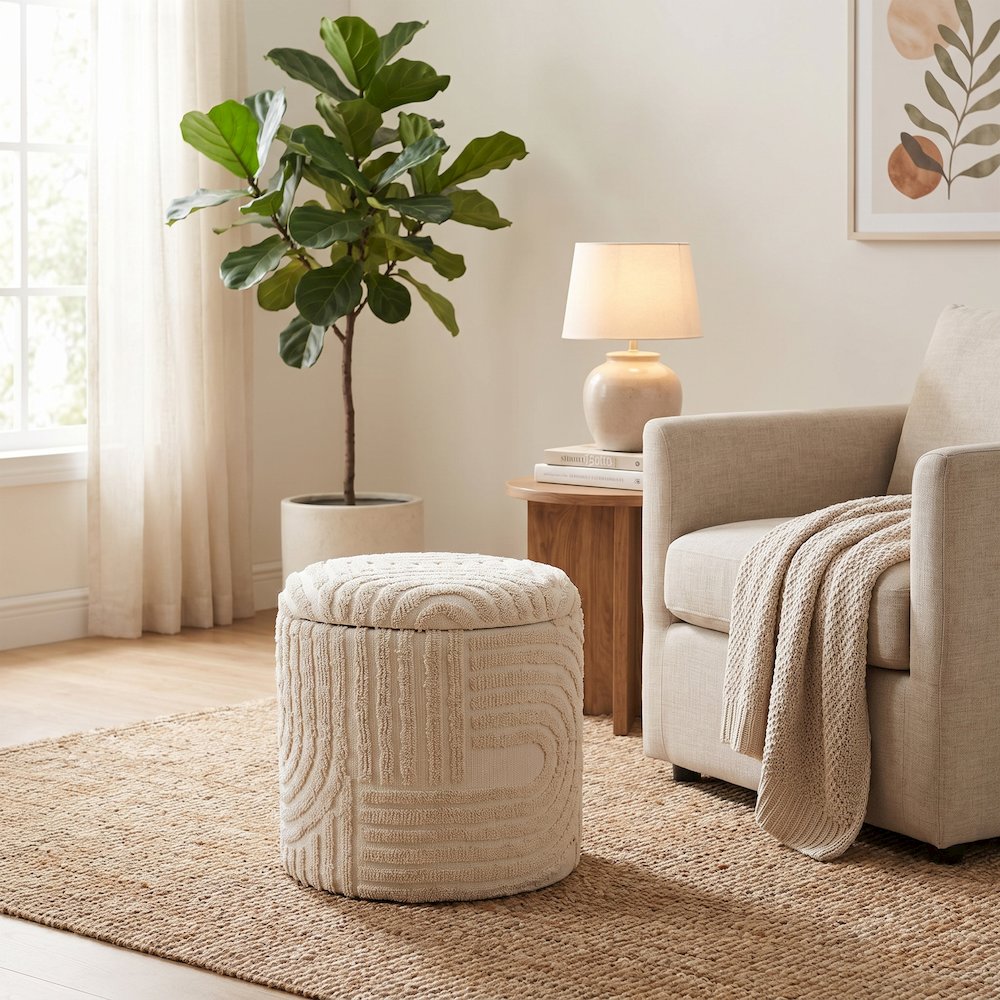 Handwoven Fabric Storage Ottoman - Multi-Purpose Foot Rest Beige. Picture 7