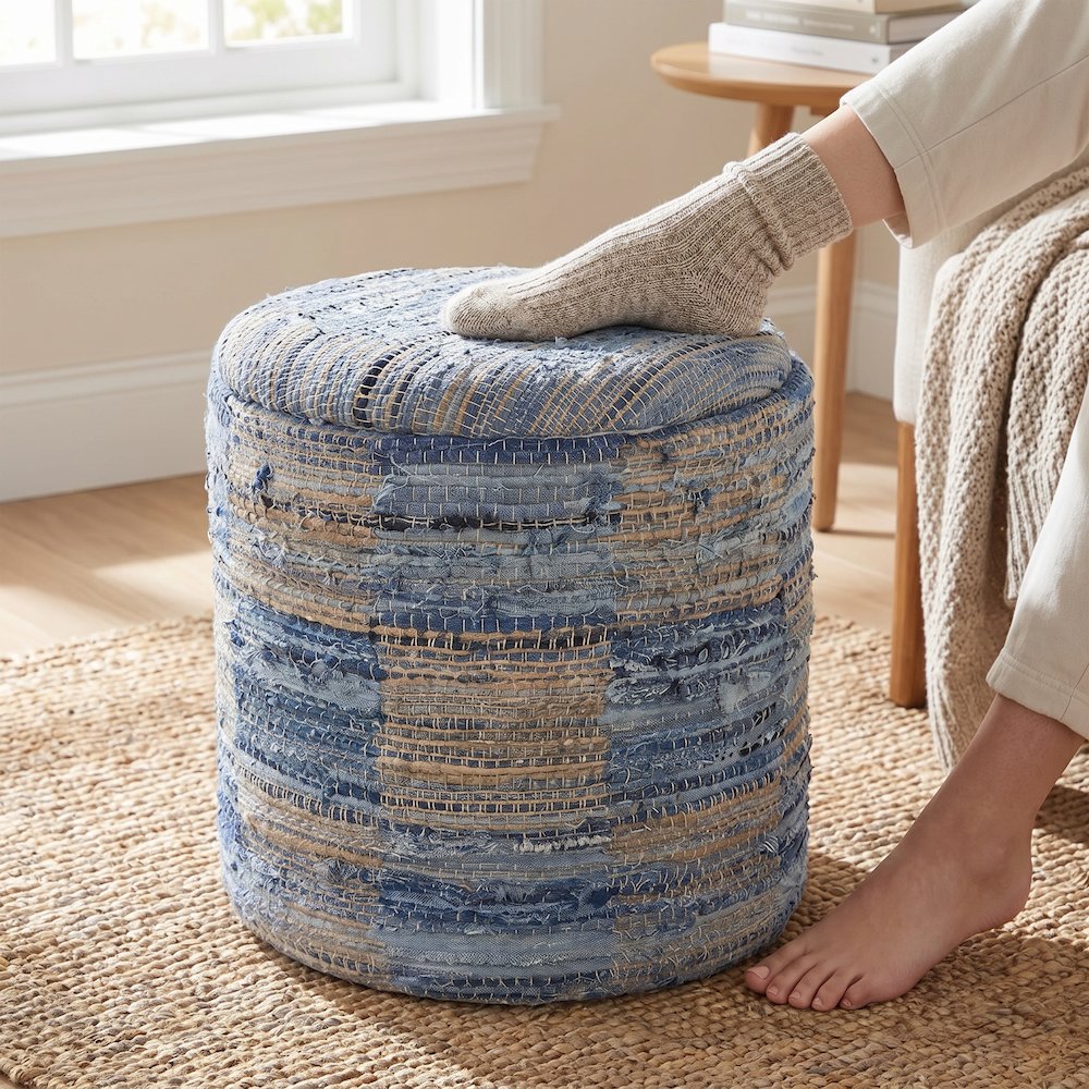 Handwoven Fabric Storage Ottoman - Multi-Purpose Foot Rest Cream. Picture 2