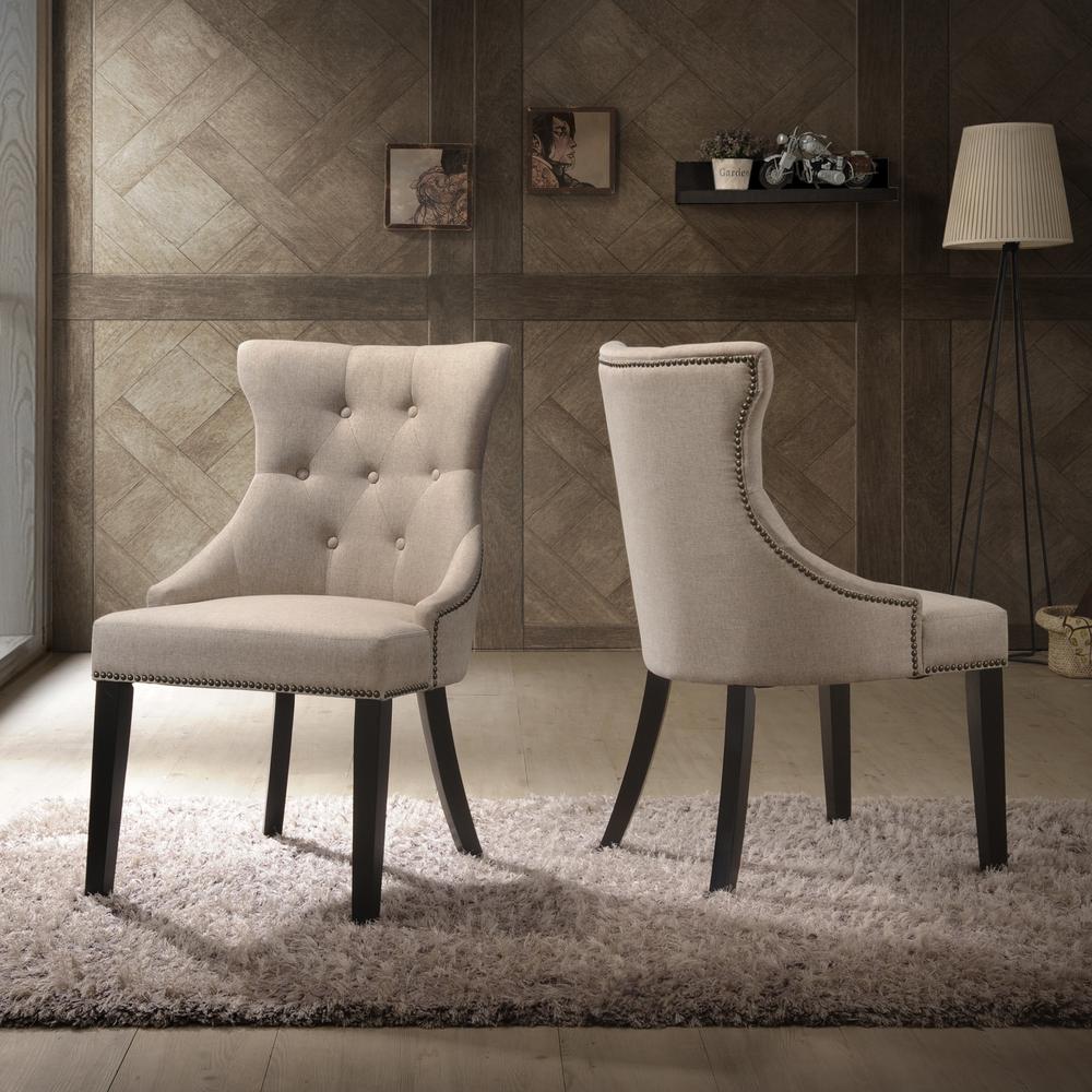 Tufted Back Upholstered Chair - Set of 2 - Espresso - Cream Linen Upholstery. Picture 9