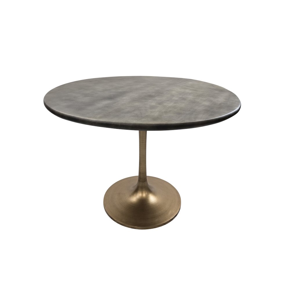 Alden Wood Top 36" Round Dining Table - Fog Gray Top - Antique Gold Base. Picture 1
