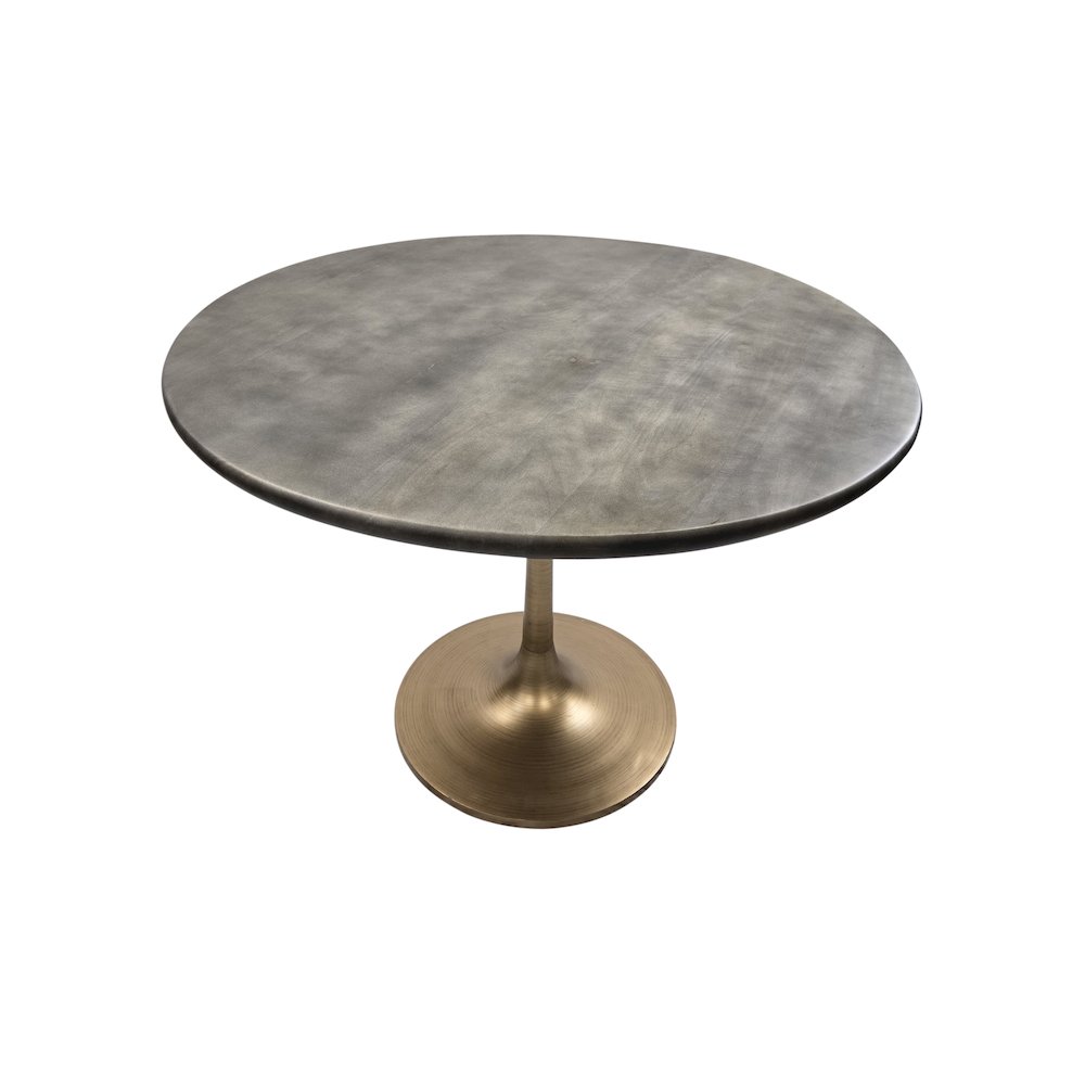 Alden Wood Top 36" Round Dining Table - Fog Gray Top - Antique Gold Base. Picture 2