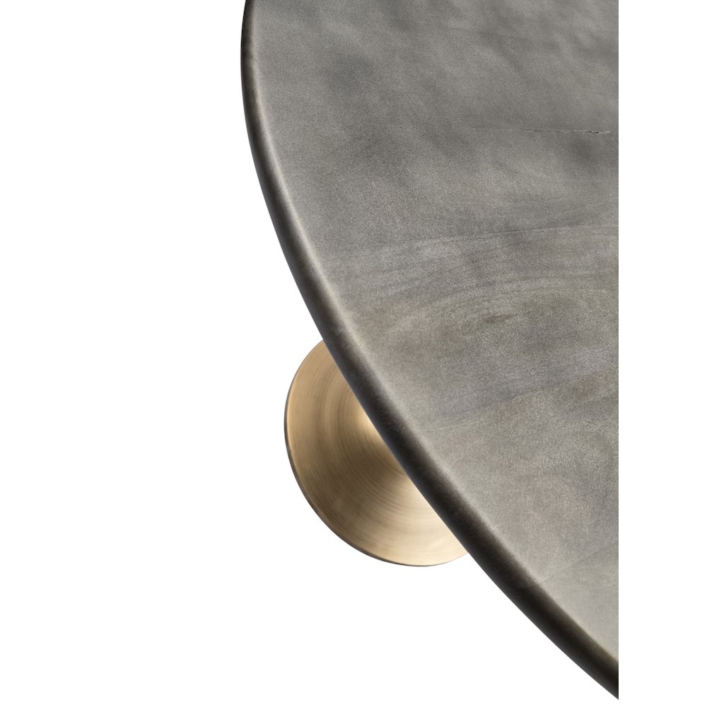 Alden Wood Top 36" Round Dining Table - Fog Gray Top - Antique Gold Base. Picture 5