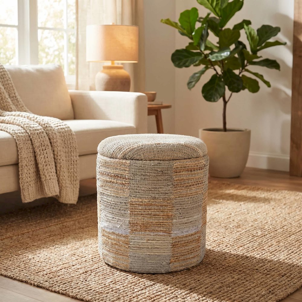 Handwoven Fabric Storage Ottoman - Multi-Purpose Foot Rest Yellow. Picture 4