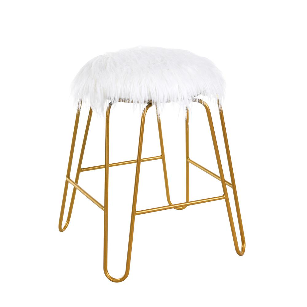 Morrissey 18" Vanity Stool - Gold - White Faux Fur Upholstery. Picture 1
