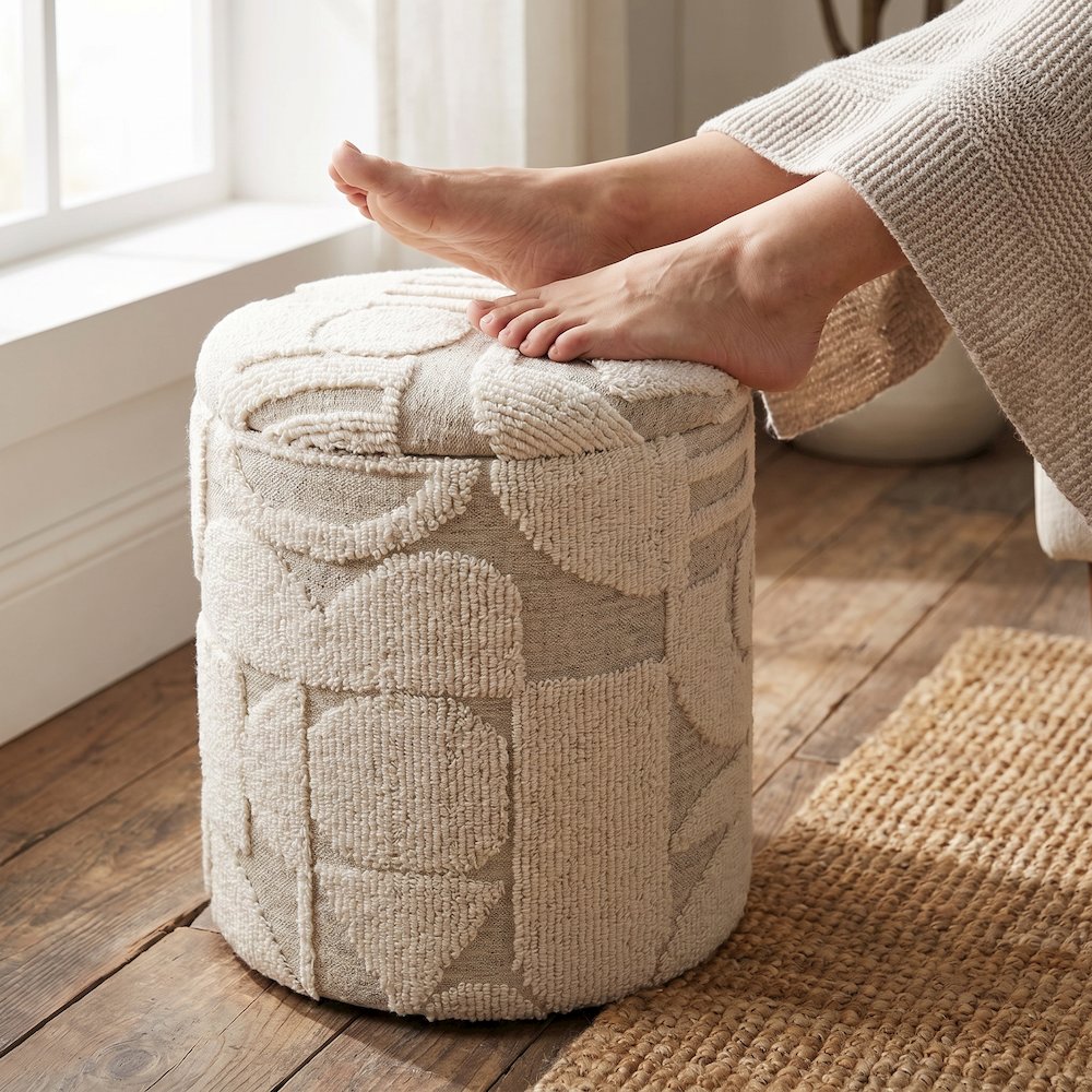 Handwoven Fabric Storage Ottoman - Multi-Purpose Foot Rest White. Picture 2
