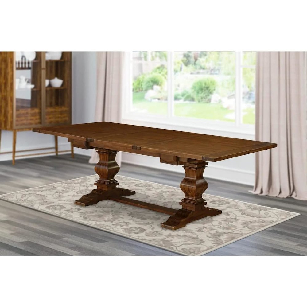 East West Furniture LAT-08-TP Lassale Modern Dining Rectangle Kitchen Table Top with Removable Leaf & Double Pedestal Base, 42x92 Inch, Walnut. Picture 2