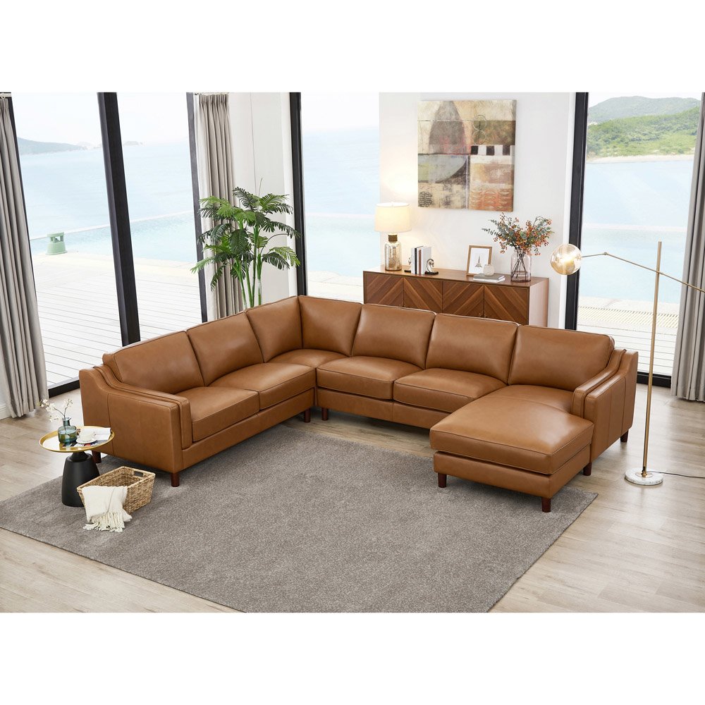 Bella Leather Sectional in Cognac Color. Picture 1