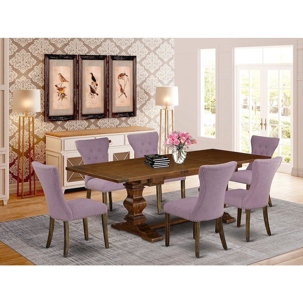 7 Piece Dining Table Set Consist of a Rectangle Wooden Table with Removable Leaf and 6 Dahlia Linen Fabric Parson Dining Chairs, 42x92 Inch, Walnut. Picture 2