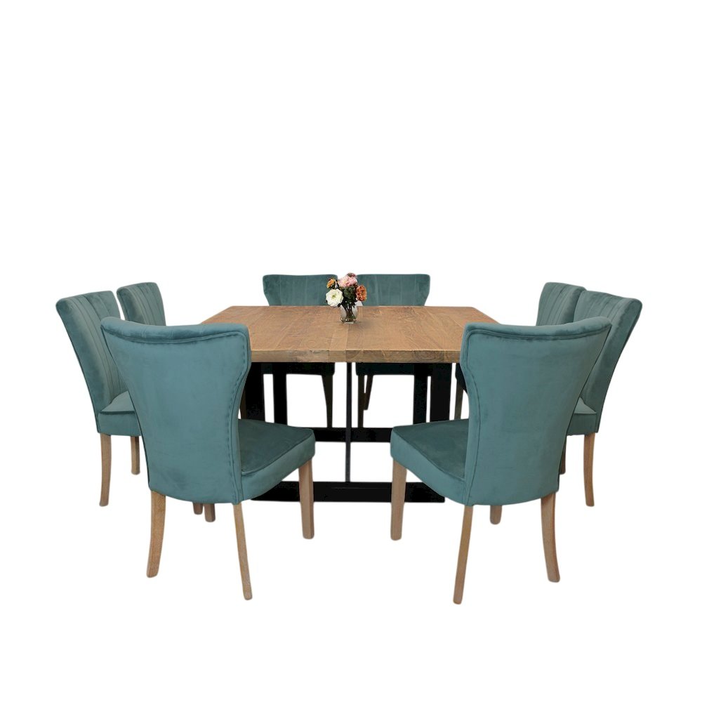 9-Piece Dining Set 8 Cleo Dining Chairs in Velvet Teal Fabric Natural Legs. Picture 1