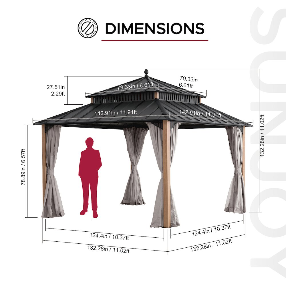 12 ft x 12 ft Aluminum Frame Steel Double Roof Hardtop Rectangular Gazebo. Picture 7
