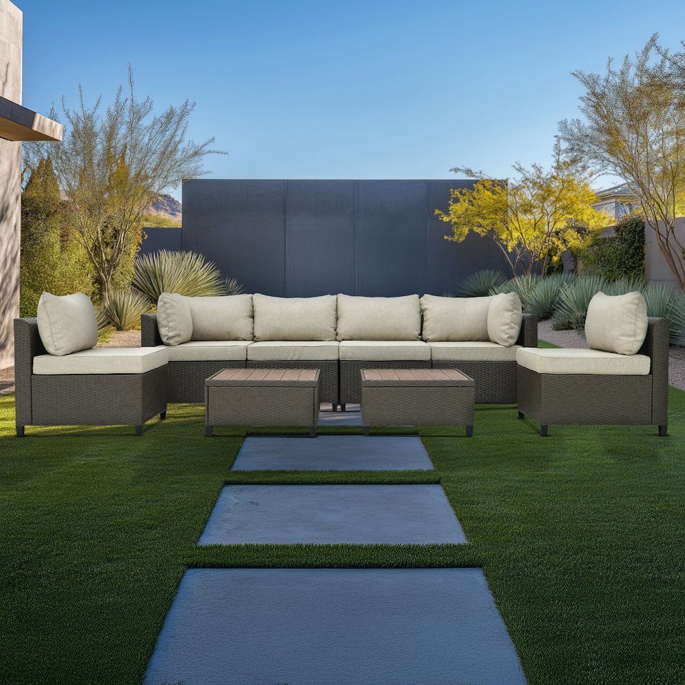 8 Piece Brown Outdoor Sectional Wicker Sofa Chairs and Tables. Picture 5