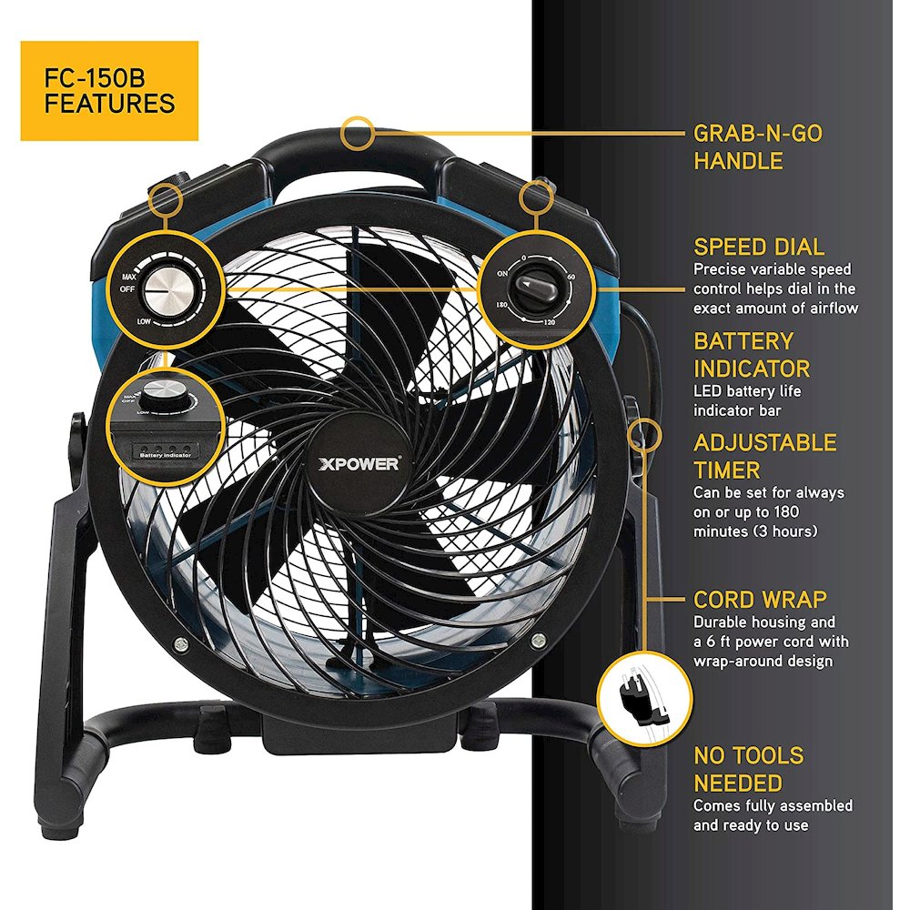 AC/DC Corded/Cordless 11" Sealed Brushless DC Motor Air Circulator Utility Fan. Picture 7