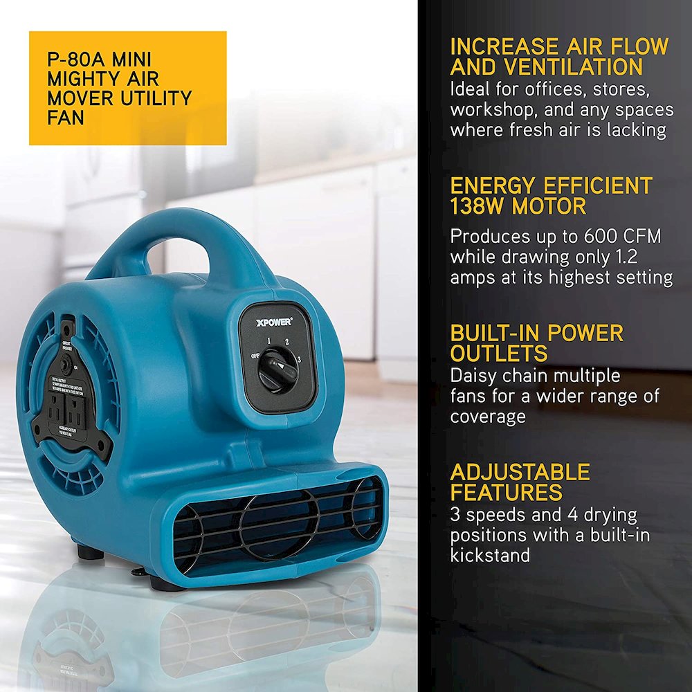 P-80A 600 CFM Multi-Purpose Mini Air Mover, Utility Fan, Dryer, Blower - Blue. Picture 7