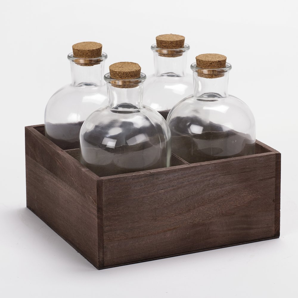Wooden Crate with 4 Glass Bottles. Picture 1