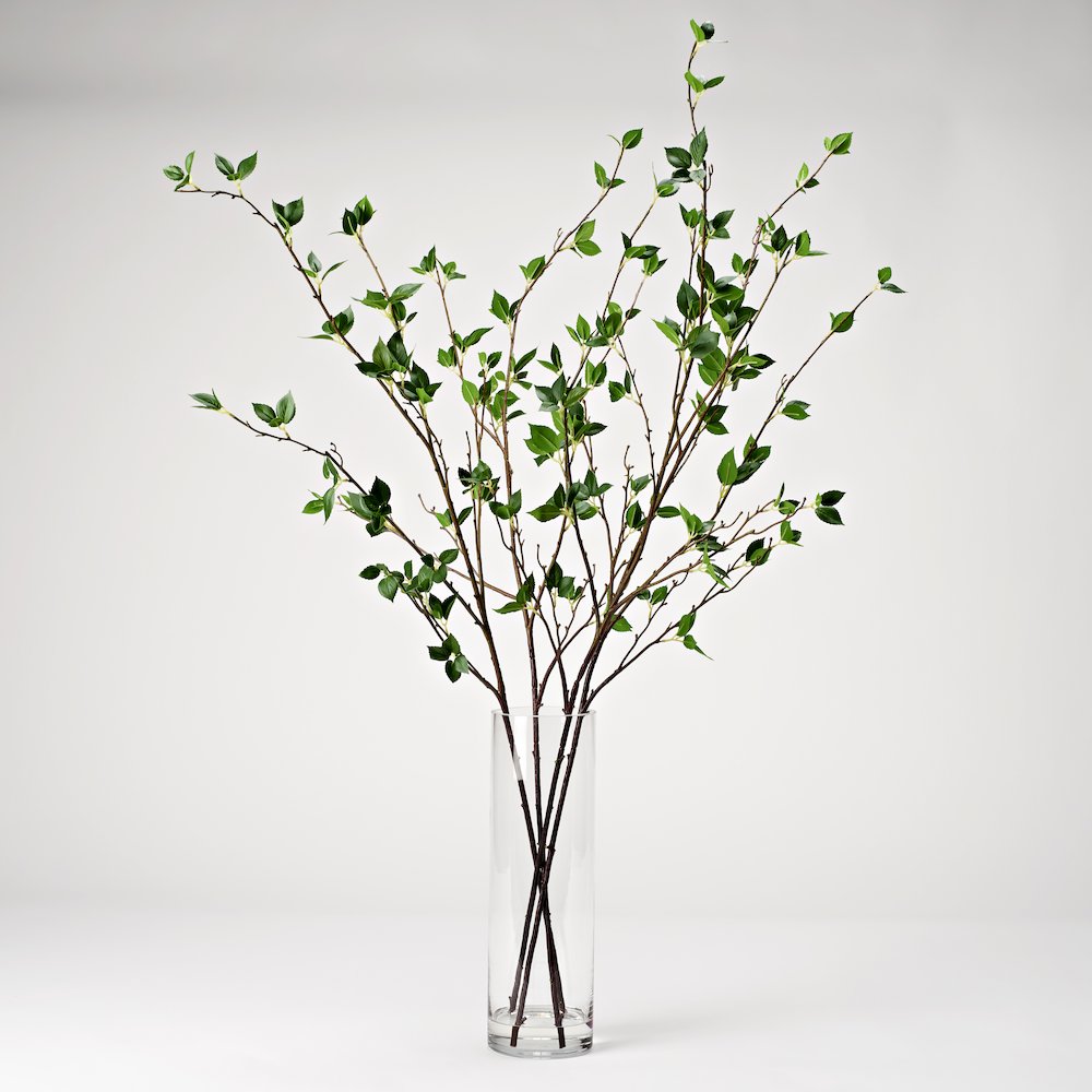 Real Touch Cherry Leaf Branches in Glass Vase. Picture 1